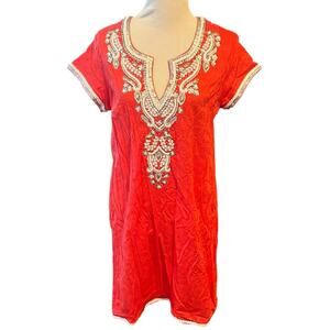 Sulu Embroidered Tunic Dress •L• Red Beaded Embellished